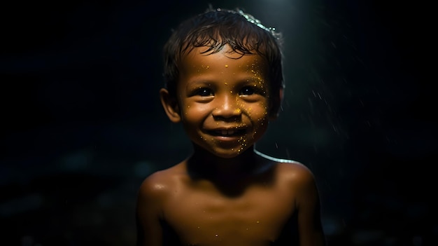 A child smiling in a dark room