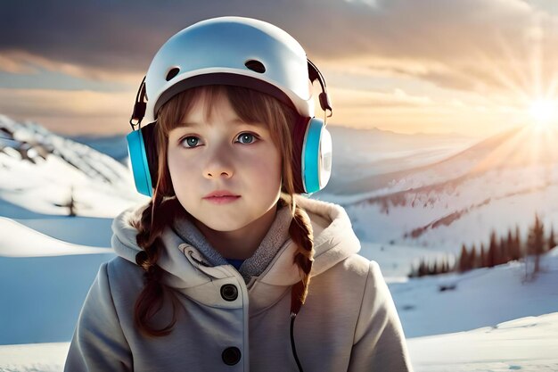 A child on snow forest wearing headphone