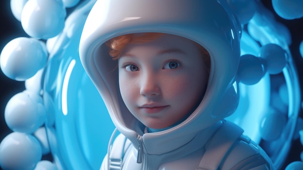 A child in a space suit looks at the camera.