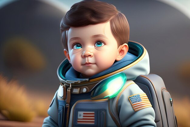 A child in a space suit with blue eyes