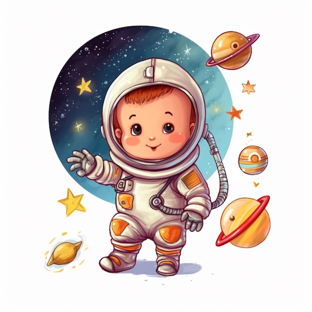 A child in a space suit with planets and stars on the background.