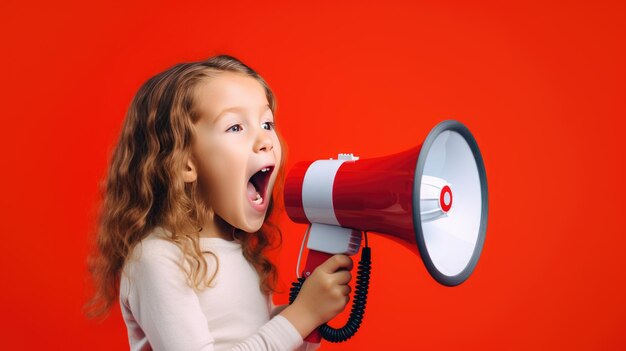 A child speaks into a loudspeaker isolated on red background