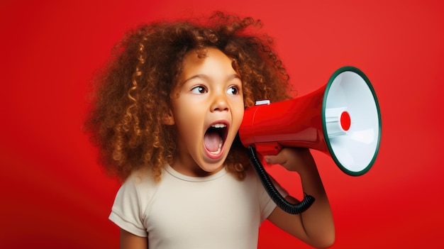 A child speaks into a loudspeaker isolated on red background