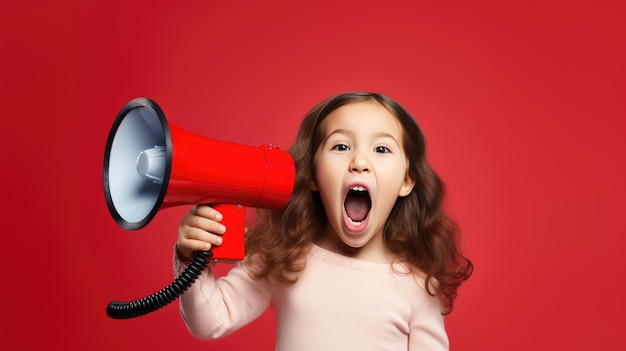 A child speaks into a loudspeaker isolated on red background