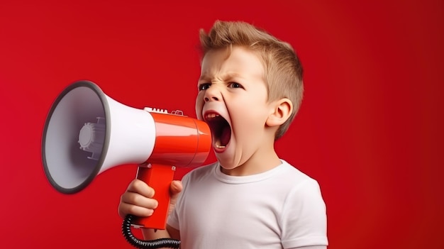 A child speaks into a loudspeaker isolated on red background