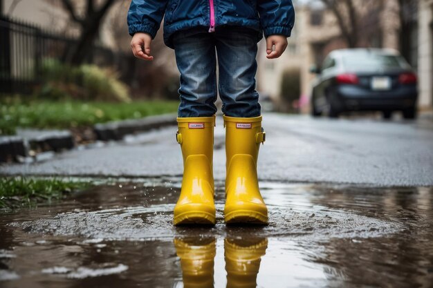 Child Splashing in Puddle on Rainy Day