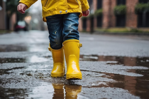 Foto bambino che schizza in una pozzanghera in un giorno di pioggia