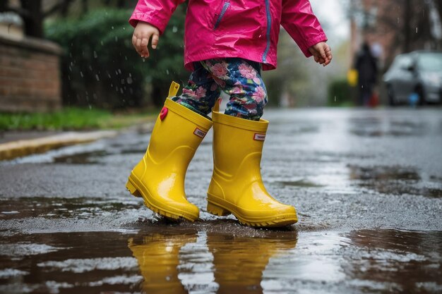 Child Splashing in Puddle on Rainy Day