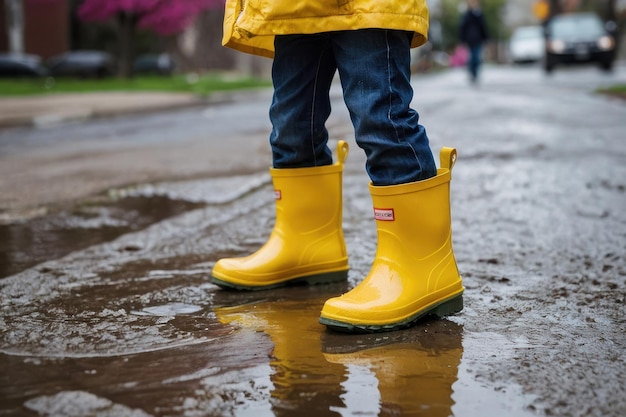 Photo child splashing in puddle on rainy day