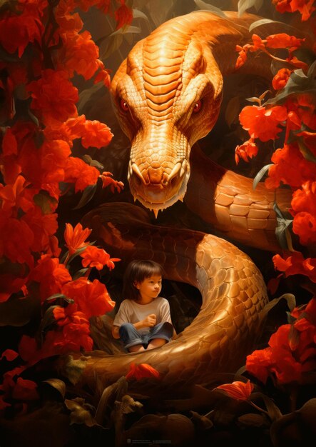 A child squatting next to a snake wild life animal poster