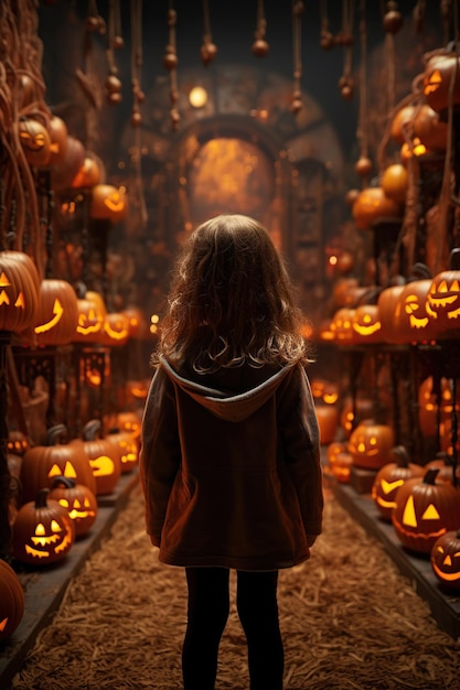 Child stand with many halloween jacko'lanterns pumpkins outdoor