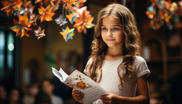 Child standing in classroom giving a presentationholding a paper to read