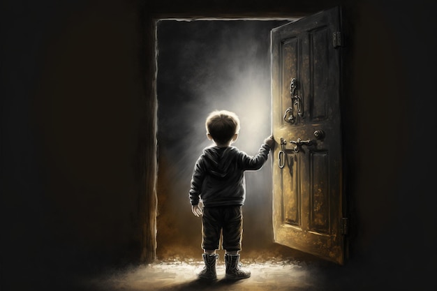 Child standing in a dark place and opening a door lit from within digital art style illustration painting fantasy concept of a child near portal to other world