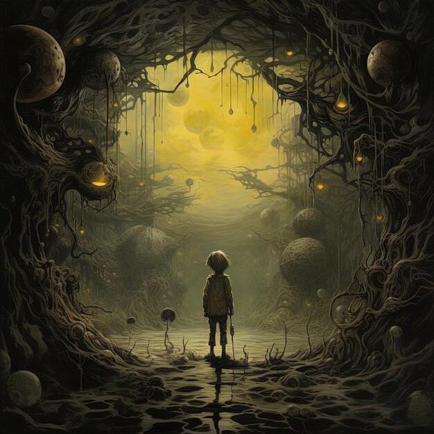 a child standing in front of a scary scary forest with a man standing in front of a monster