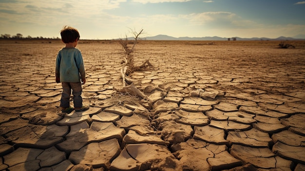 Photo a child standing in a land of severe drought