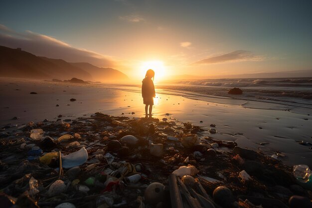 Ребенок стоит на пляже, заваленном пластиковым мусором и промышленными отходами, образующими искусственный интеллект
