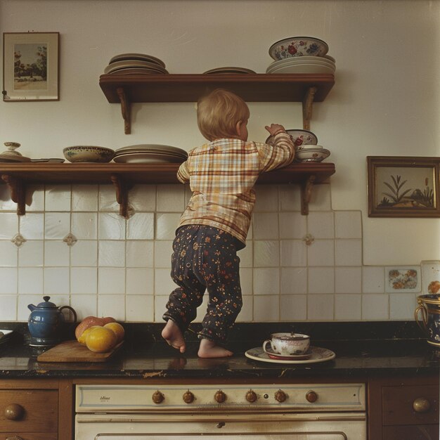 a child stands on a counter with a pot on the stove and a pot on the counter