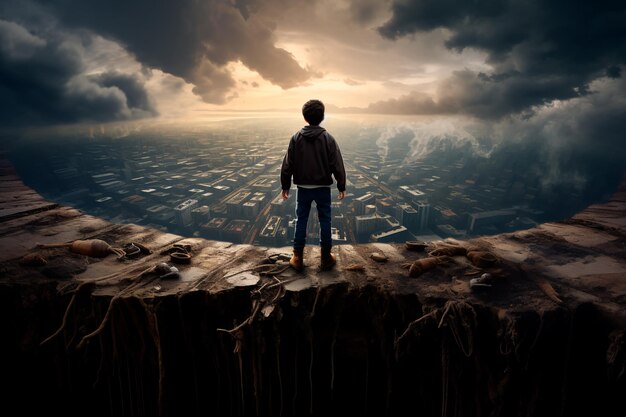 Photo a child stands on the edge of the world's abyss