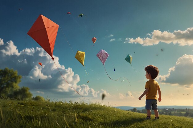 한 아이가 하늘에 날개와 함께 들판에 서 있습니다.
