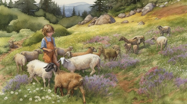 A child stands in a field with sheep and goats.