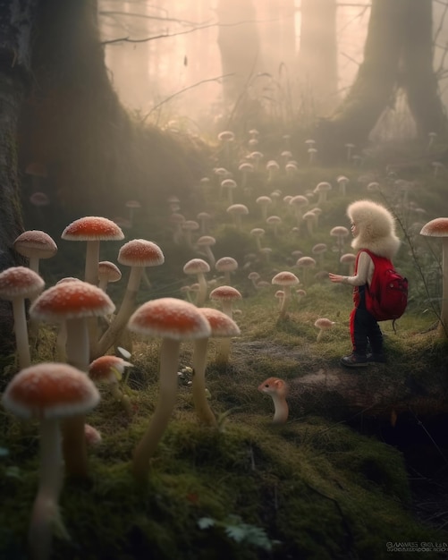 A child stands in a forest with mushrooms and a red backpack.