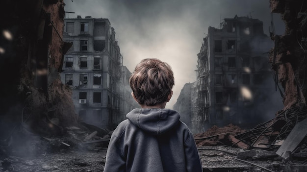 Ребенок стоит перед разрушенным зданием