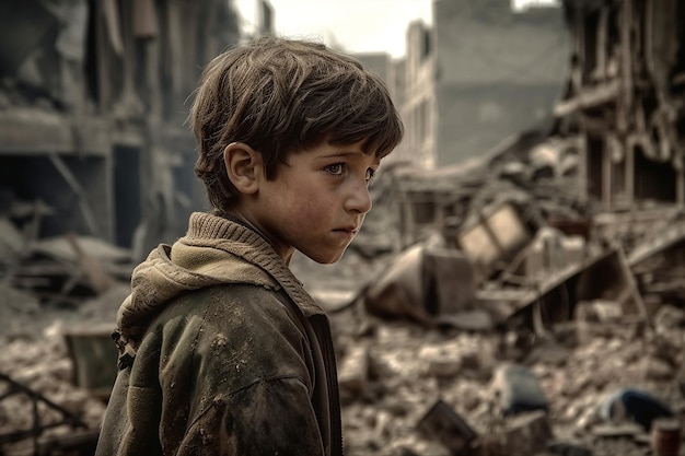 A child stands in front of a destroyed building.