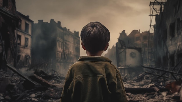 A child stands in front of a destroyed building.