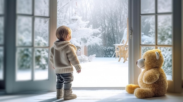 雪で覆われた窓のあるドアの前に子供が立っています。