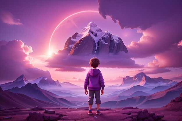 A child stands in front of a glowing purple horizon big mountains in the distance and a cloudy sky 3d illustration