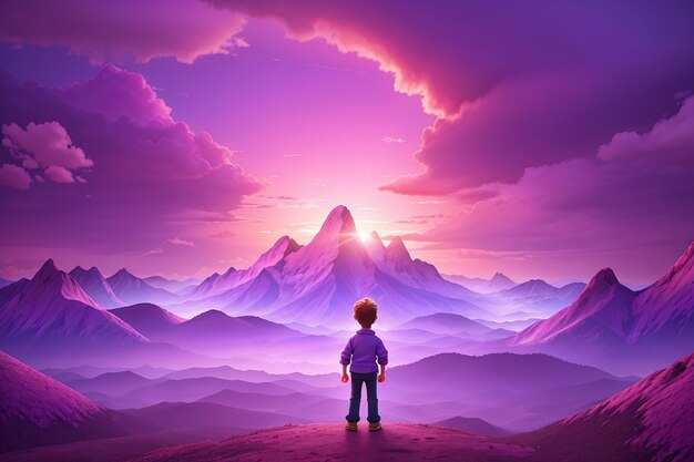 Foto un bambino si trova di fronte a un orizzonte viola luminoso grandi montagne in lontananza e un cielo nuvoloso illustrazione 3d