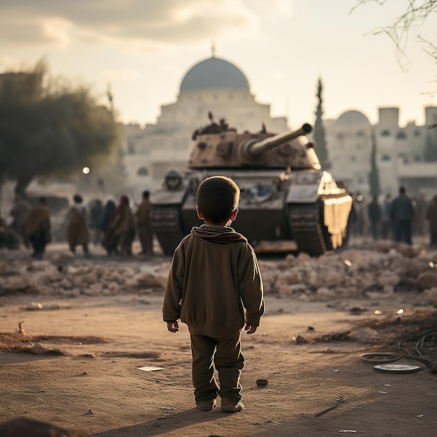 A child stands in front of a military tank in the destroyed city after the war