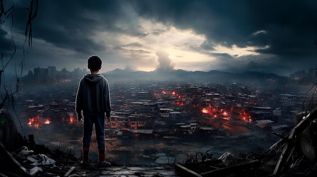 Ребёнок стоит возле разрушенного города.