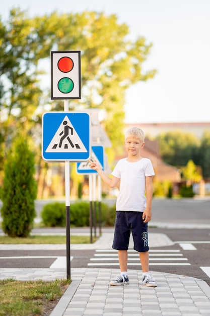 a child stands at a pedestrian crossing sign and points at it with his finger