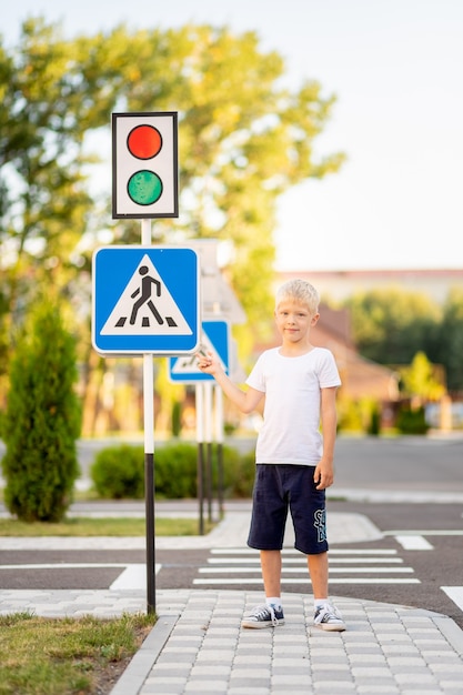 A child stands at a Pedestrian crossing sign and points at it with his finger