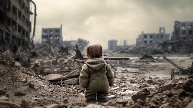 A child stands in a rubble pile