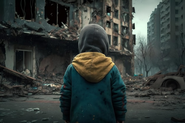 Ребенок стоит на улице в куртке и спиной смотрит на свой разрушенный город