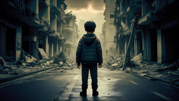 A child stands on the street wearing a jacket and looks with his back at his destroyed city