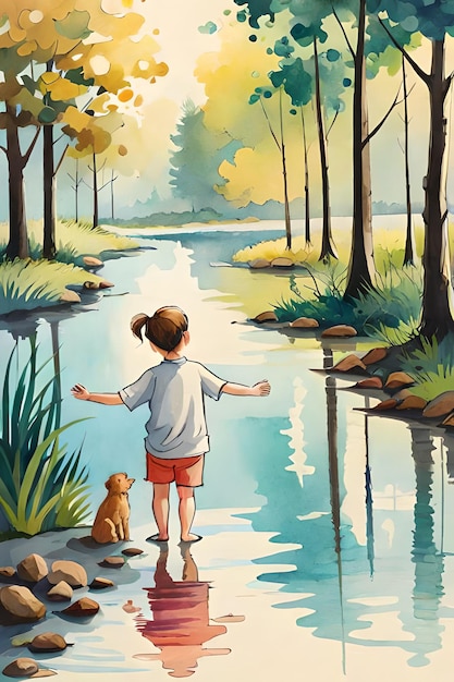 Ребенок стоит в воде и смотрит на реку.