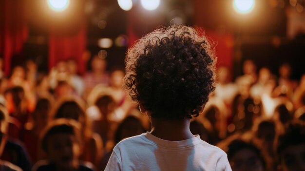 A child stands with their back to the camera facing a vibrant audience in a dimly lit theater