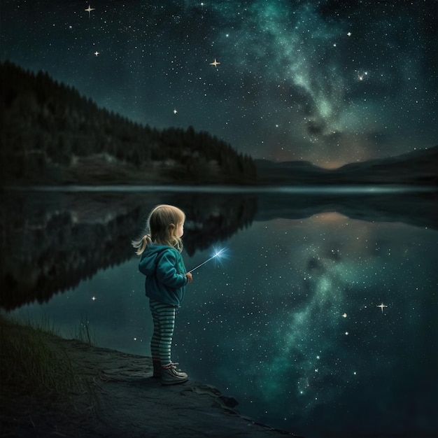 child staring at the stars a child's dream atmosphere generative ai