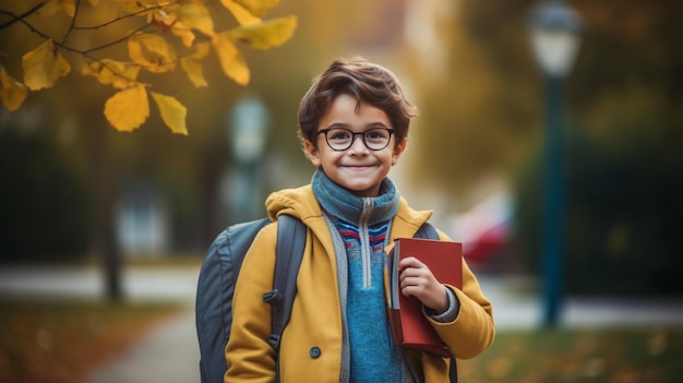 a child in the street with his school bag and a book