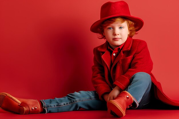 Foto bambino nello studio che posa in abiti alla moda