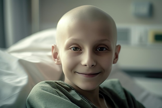 Child suffering with cancer smiling while undergoing treatment in a hospital Generative AI
