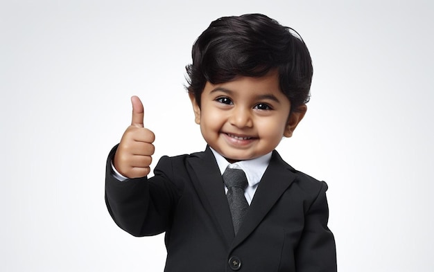 A child in a suit with a thumbs up sign.