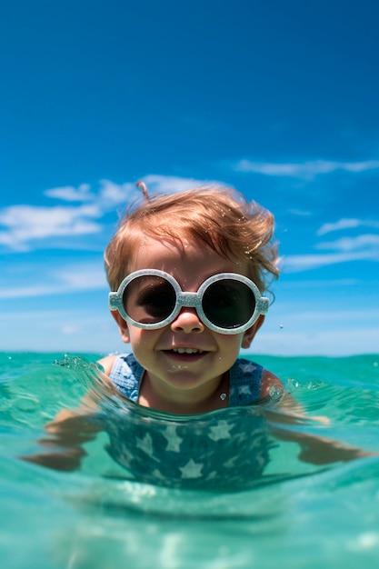 A child in sunglasses swims in the sea Generative AI nature