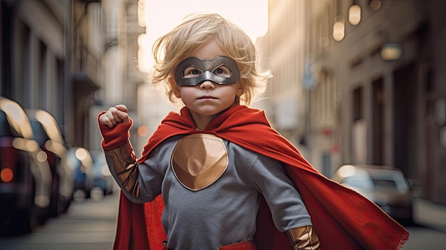 Foto un bambino in un costume di supereroe ai generativa