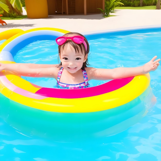 Child in swimming pool floating on toy ring Kids swim AI Generate