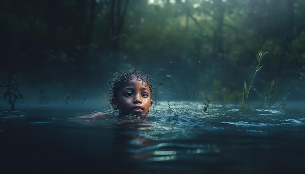 A child swims in a pool of water with a dark background.