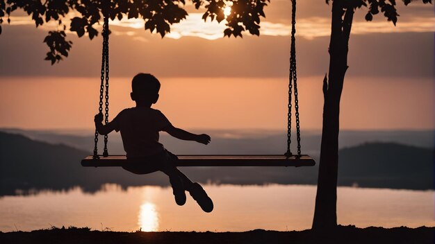 夕暮れのスイングに乗った子供